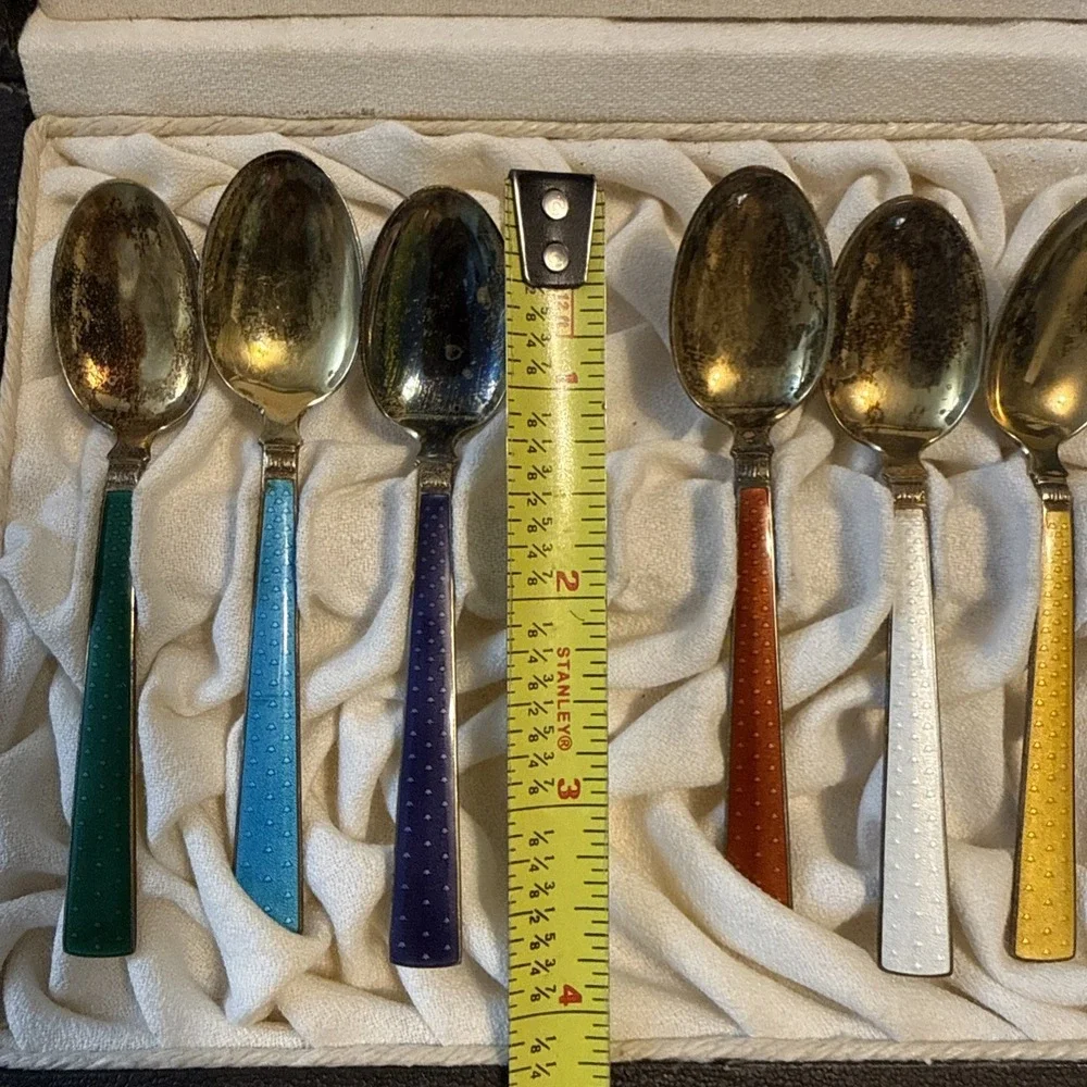 Vintage Norway Sterling Silver Guilloche Enamel Spoons Set 6 Box Th Marthinsen